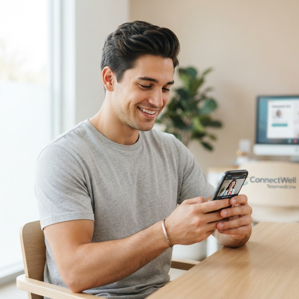 Homem sorrindo usando o celular para agendar consulta