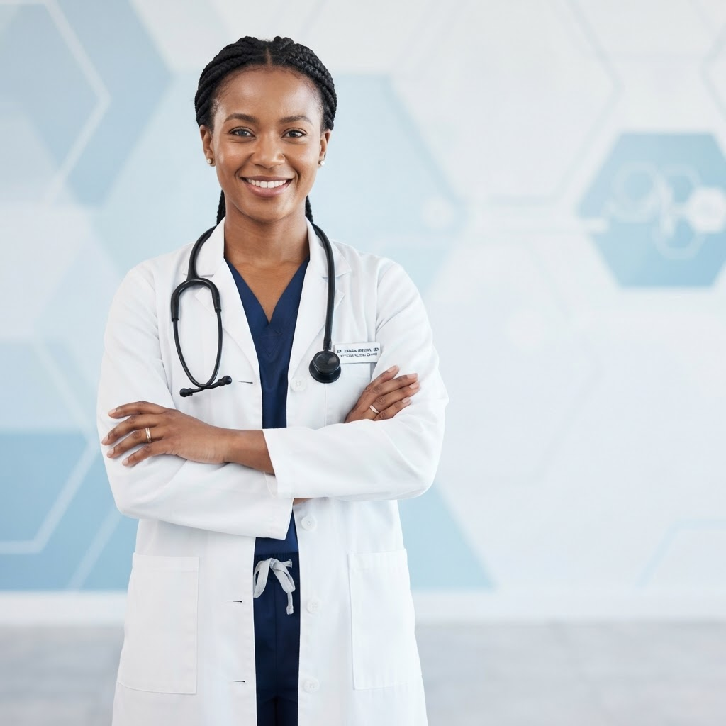 Médica sorrindo pronta para atender online